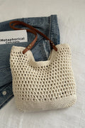 Openwork woven tote bag, ivory openwork crochet with brown straps