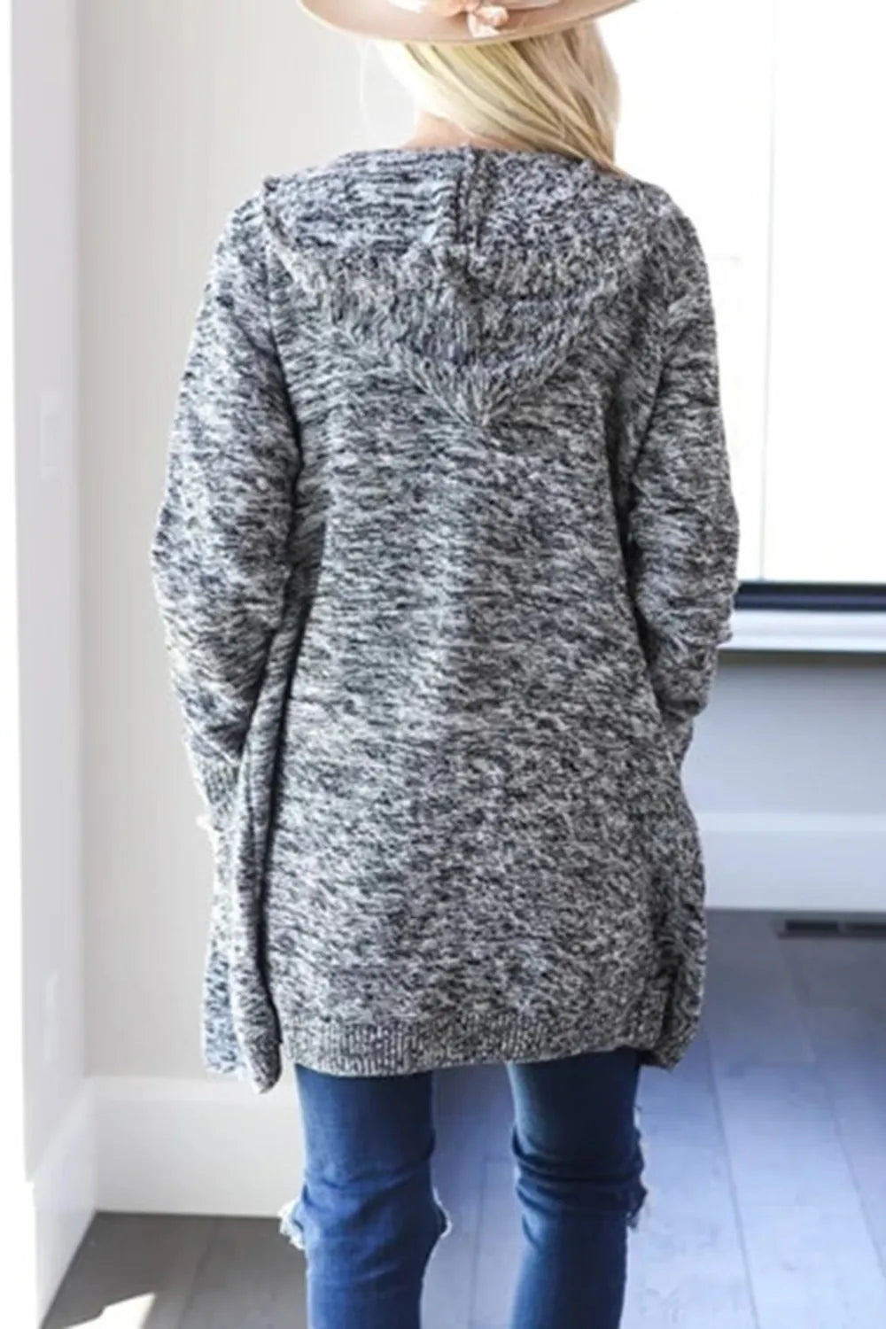 Heathered open-front cardigan, black-and-white heather back view with hood