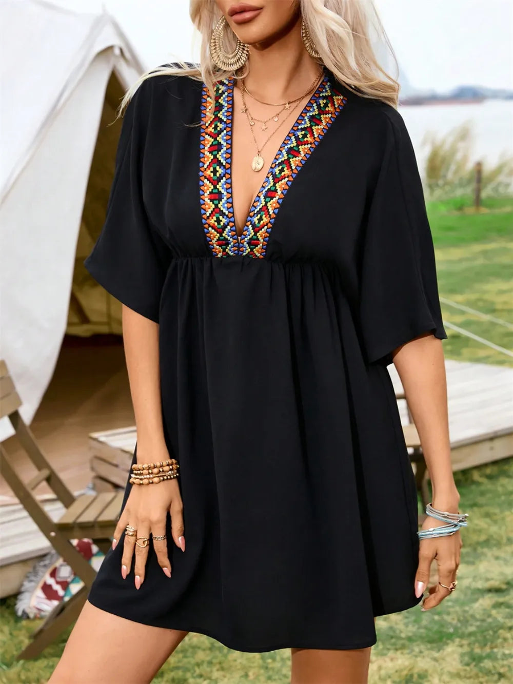 Trendsi black embroidered plunge-neck mini dress with half sleeves and colorful embroidery trim