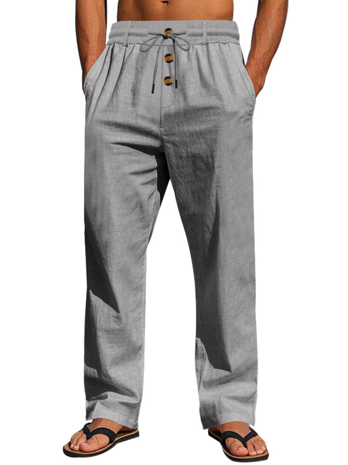 Men’s lightweight drawstring pants, light gray, elastic waistband with button front detail