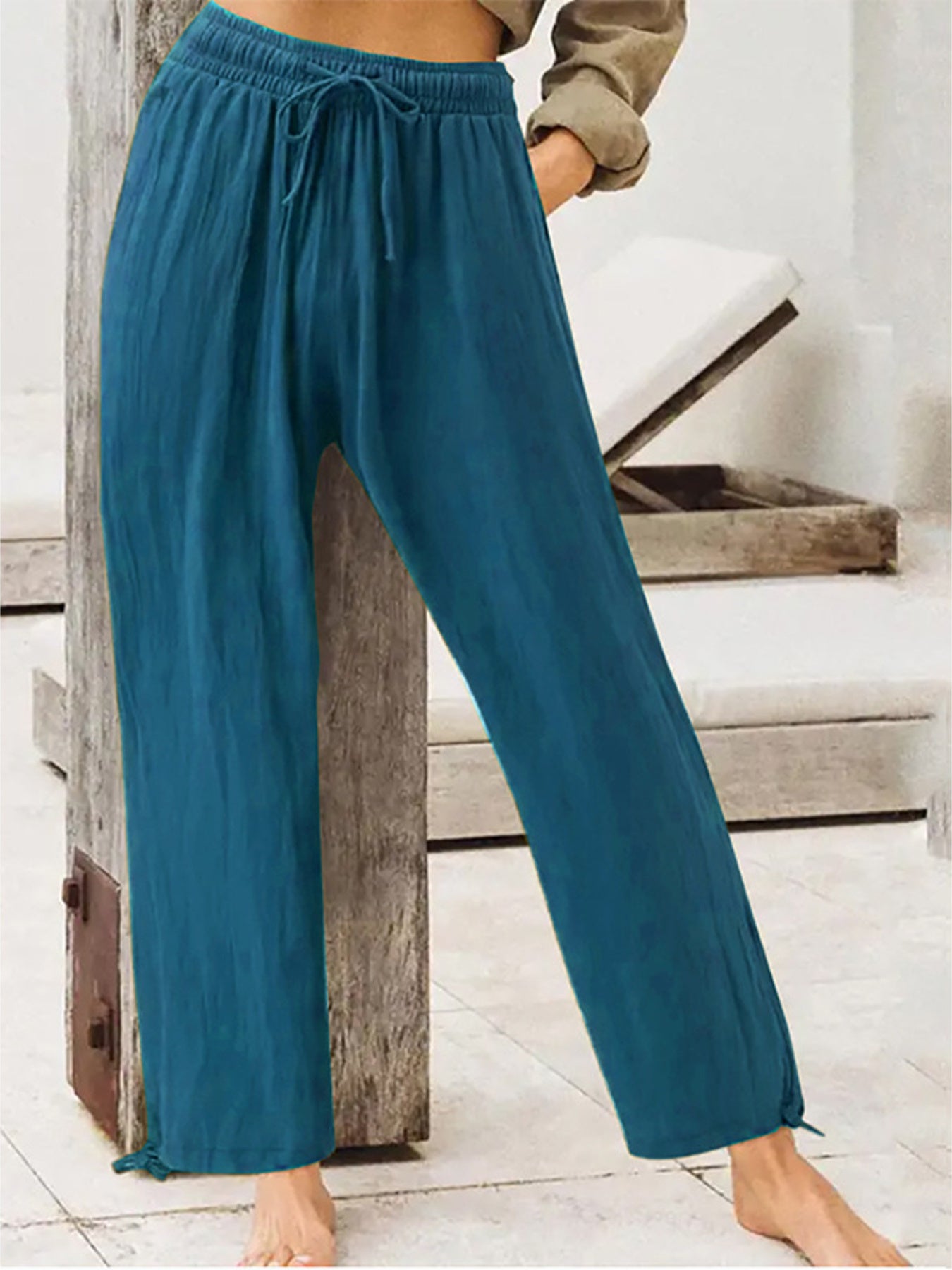 Wide-leg drawstring cotton-spandex pants with elastic waist, teal blue