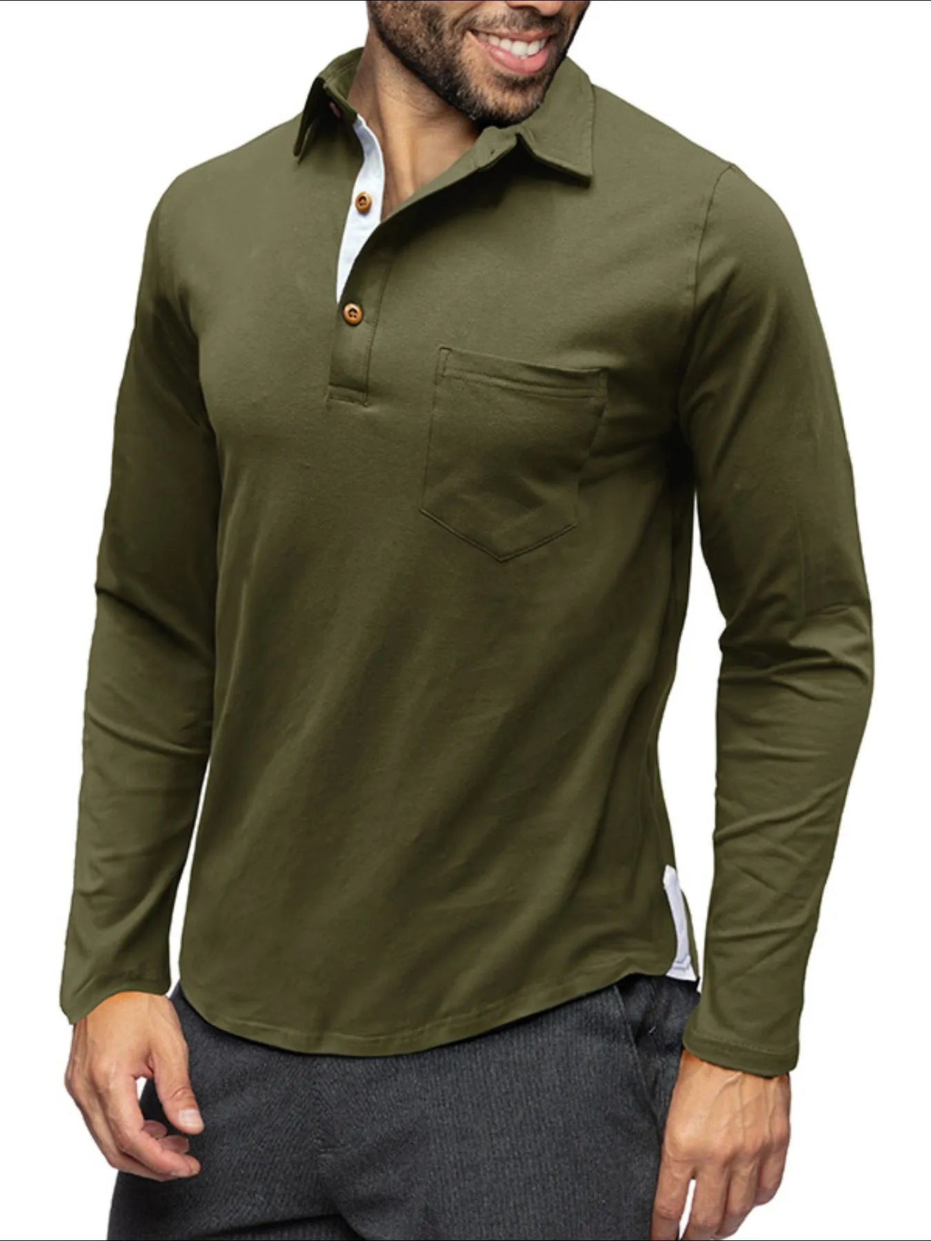 Men's long sleeve polo shirt in army green, with chest pocket and button placket.
