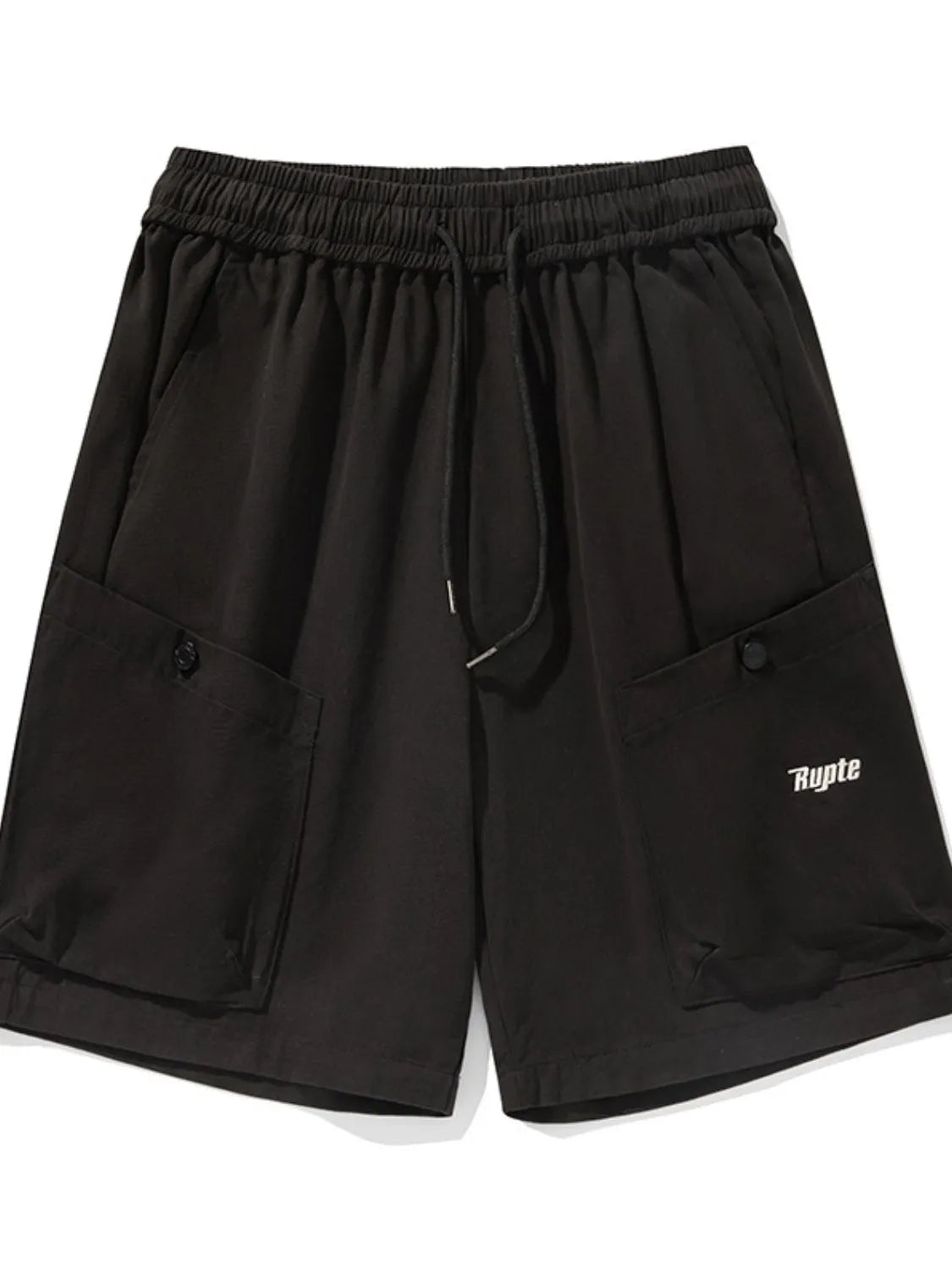 Black drawstring shorts with pockets, elastic waist and pull-cord ties