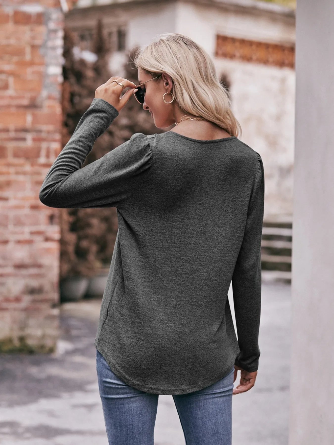 Dark gray square-neck long-sleeve T-shirt with curved hem and back seam detail