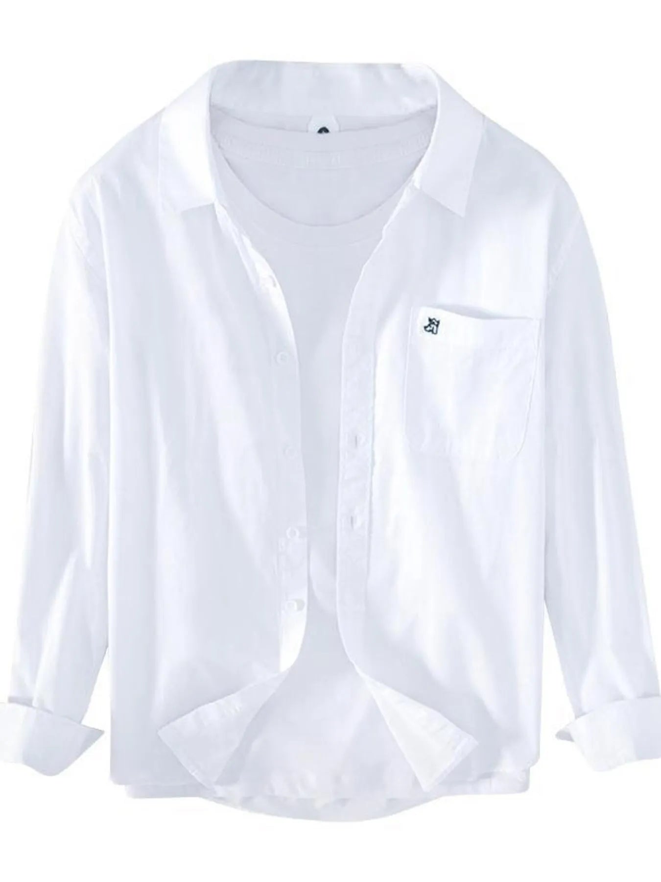 Men's white button-up long sleeve shirt with chest pocket and open collar