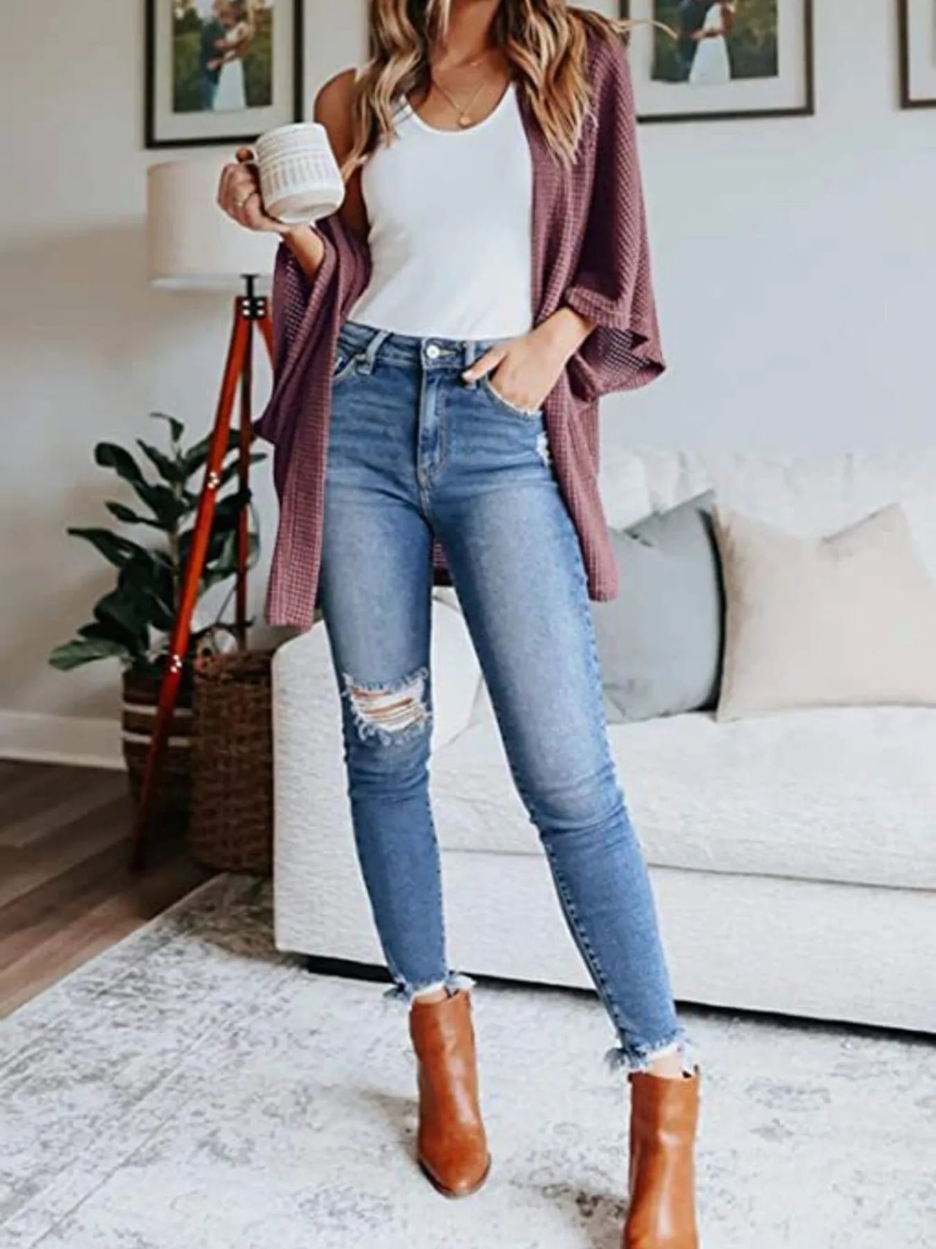 Waffle knit open-front cardigan over a white tank and blue jeans, mauve-pink