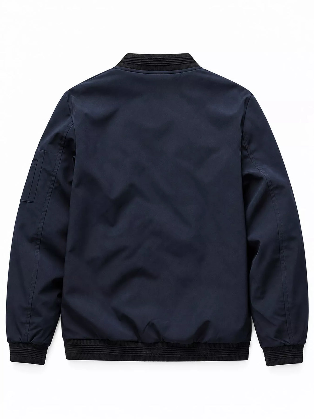 Men's lightweight navy bomber jacket back view, ribbed collar, cuffs, and hem