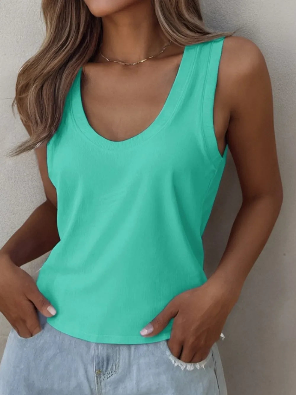 Turquoise solid scoop neck tank top, sleeveless knit with curved scoop neckline