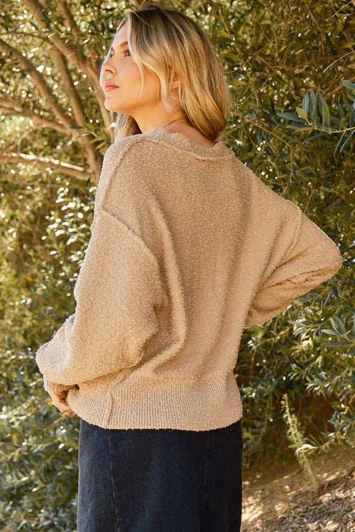 Taupe popcorn knit cardigan with button front and ribbed cuffs, long sleeves