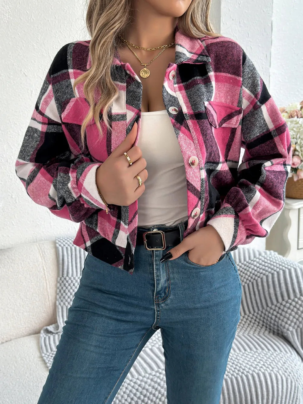 Plaid button-up long-sleeve jacket, pink and black checks, open collar with button placket