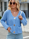 Sky blue round-neck button-up cardigan with pockets, long sleeves, gold button front