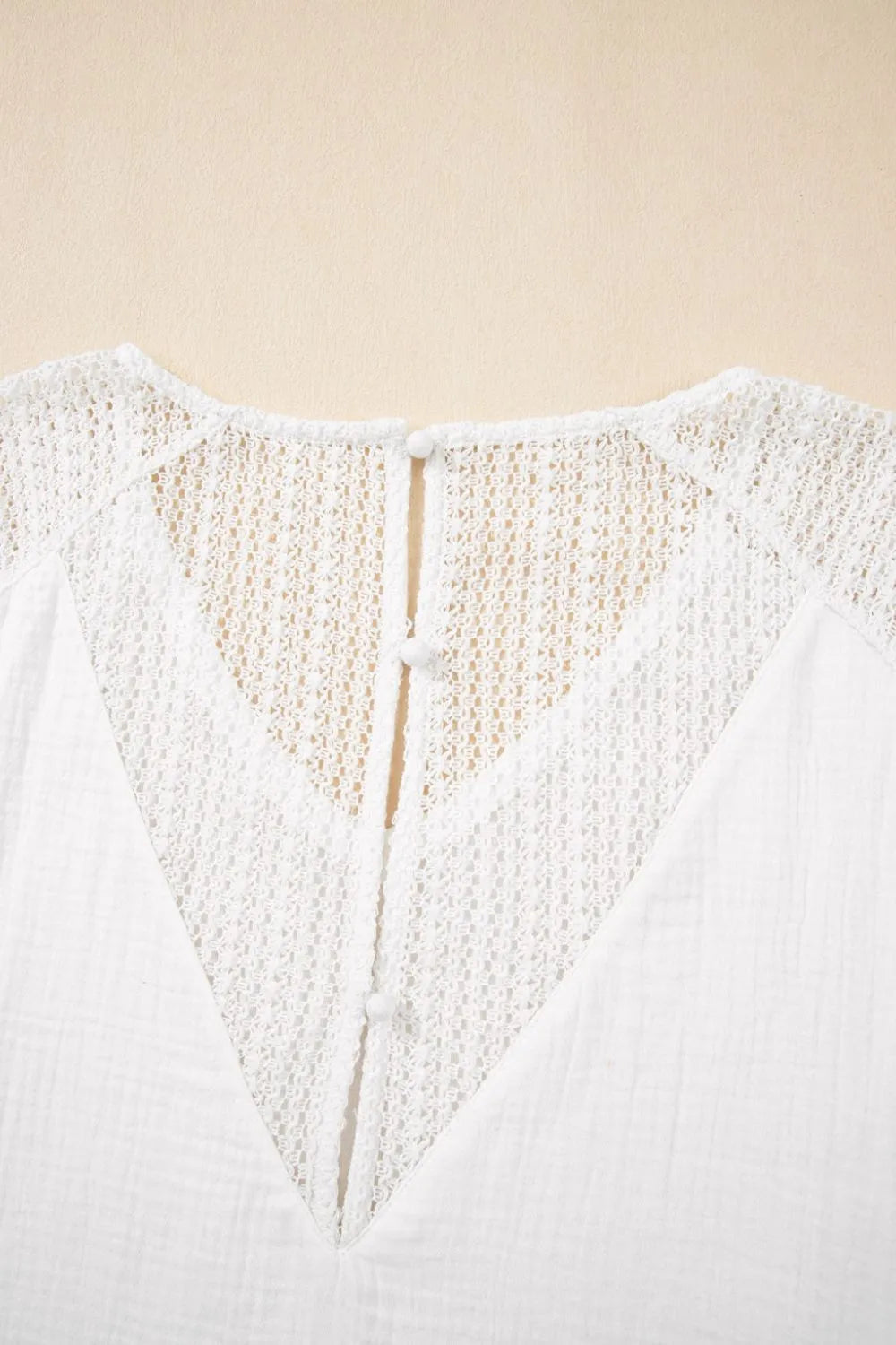 Cedar & Moore Lace Crochet Textured Button-Back V-Neck T Shirt, white openwork knit with back buttons