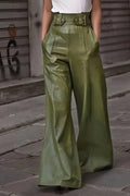 Moss green high-waist wide flare pants with button-front and belt loops