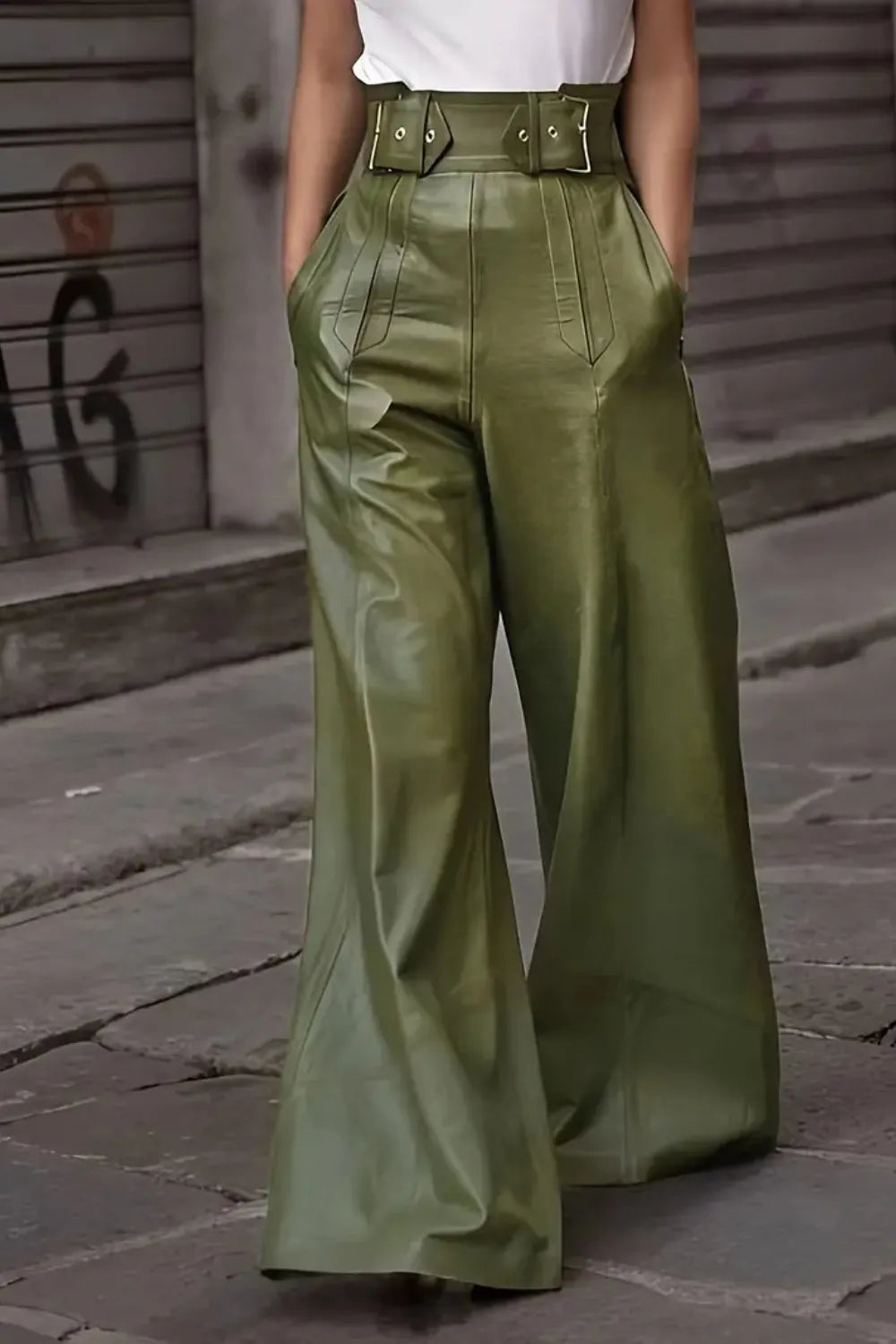 Moss green high-waist wide flare pants with button-front and belt loops