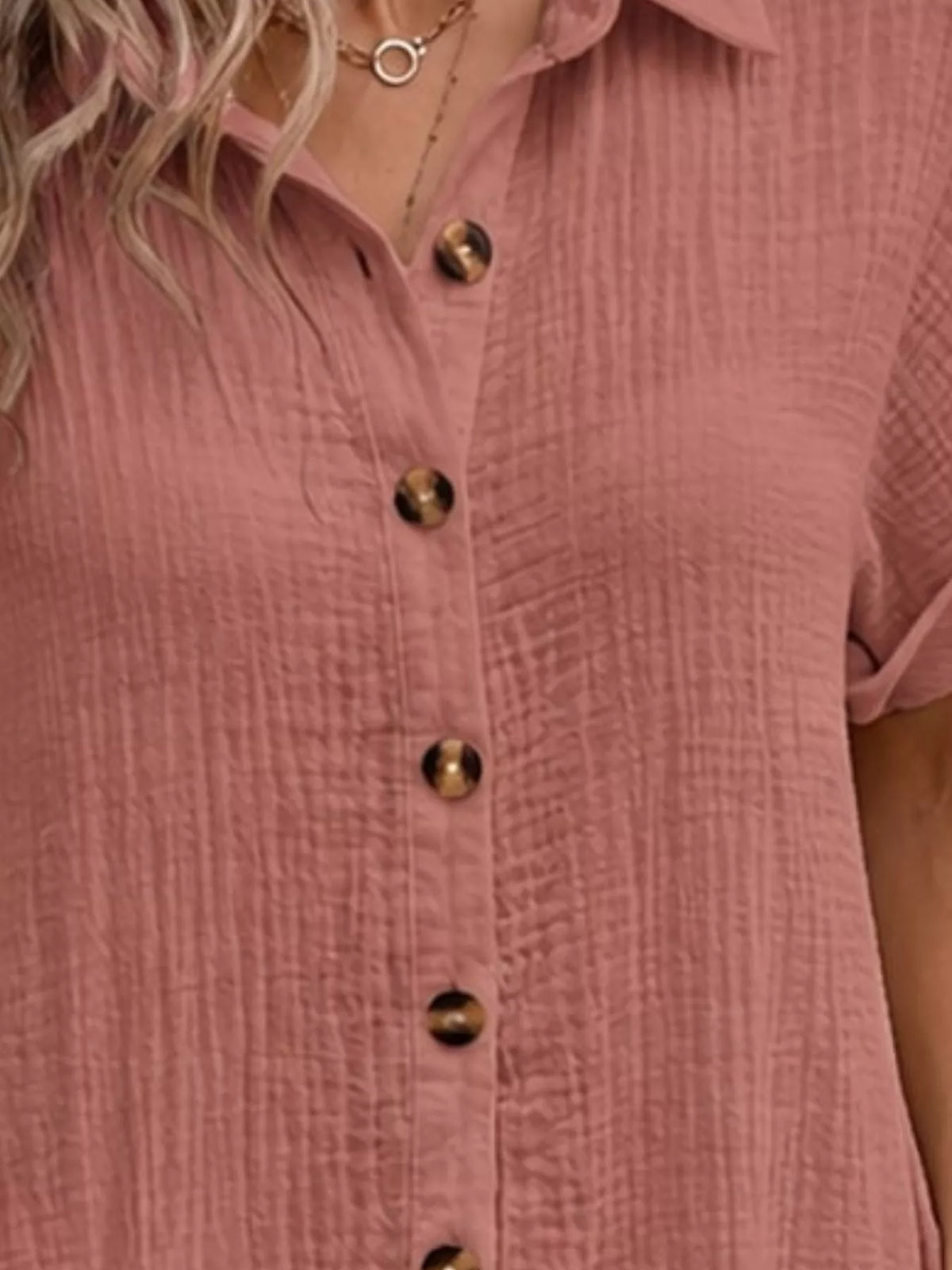 Textured button-up shirt dress with pockets, dusty rose, gold button placket close-up
