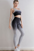 Sports bra and leggings set with grey-to-black gradient, seamless racerback style