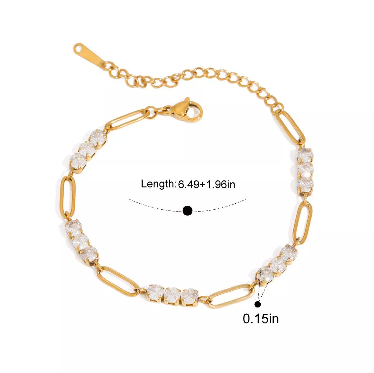 Gold-plated rhinestone chain bracelet with clear stone links and toggle clasp