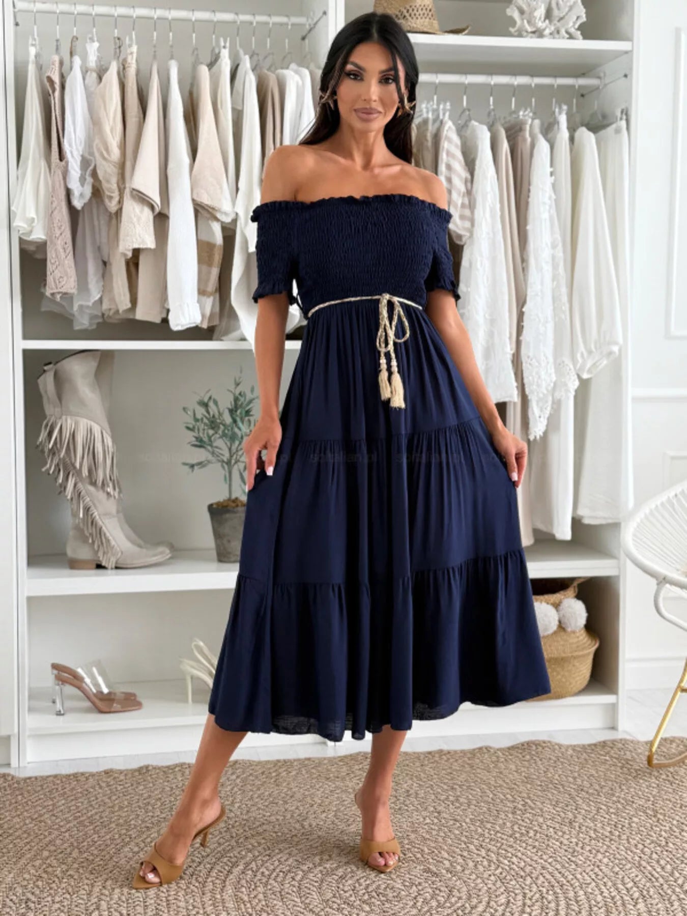 Navy off-shoulder smocked tiered midi dress, tiered skirt, drawstring waist tie