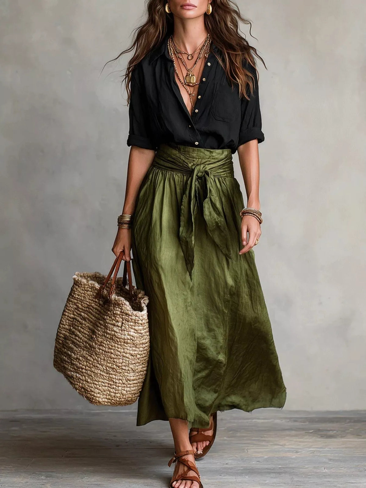 Button-down shirt and skirt set with black blouse top and olive green belted skirt