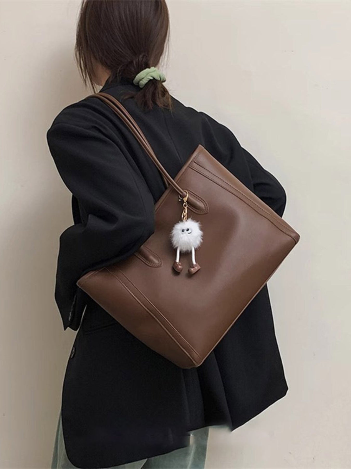 PU Leather Shoulder Bag, brown, large size with long strap and white fluffy charm