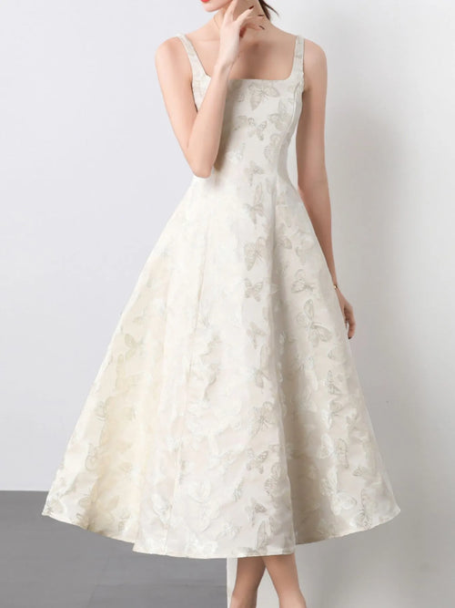 Light apricot butterfly A-line midi dress, sleeveless square neckline, flared skirt
