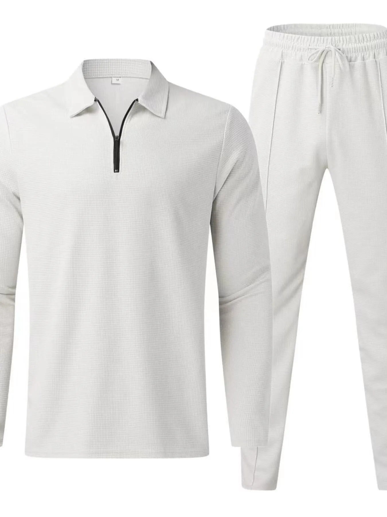 White long-sleeve quarter-zip top and matching jogger pants set