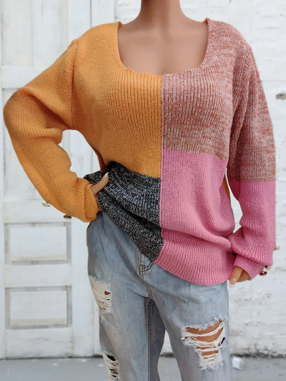 Color-block long sleeve sweater, angled view, mustard/mauve/pink/charcoal knit panels