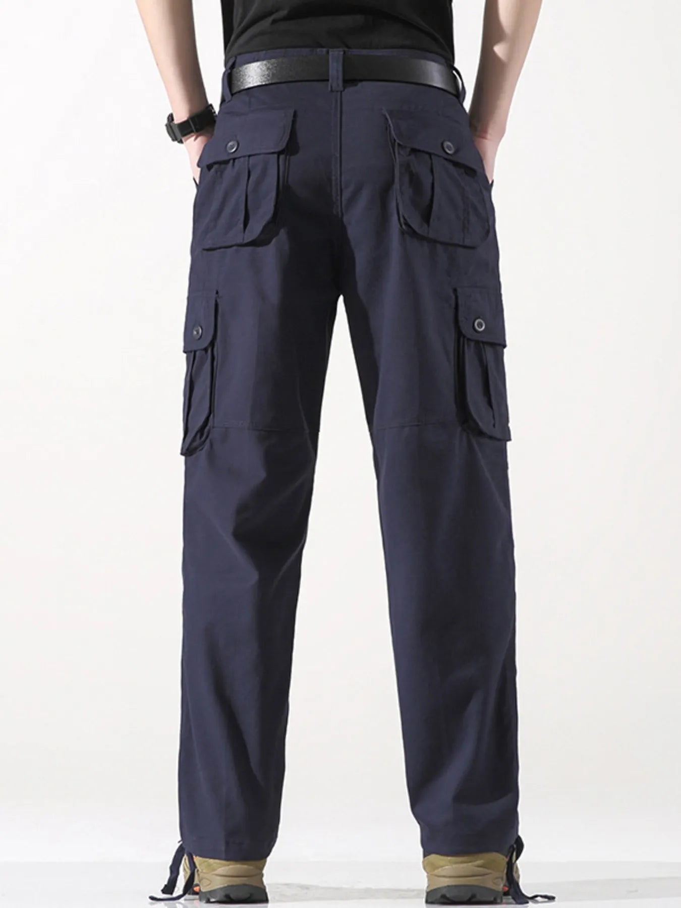 Wide leg cargo pants in dark navy with belt and back cargo pockets