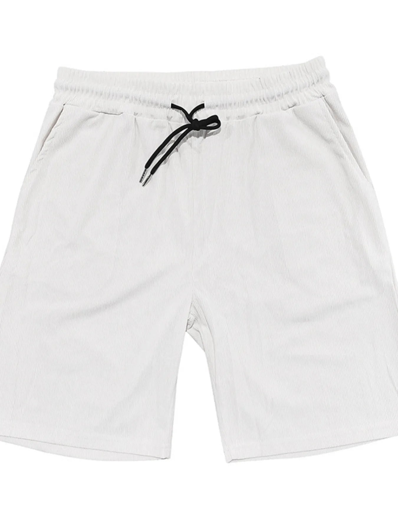 White drawstring shorts with bow-tie cords and elastic waistband, front view
