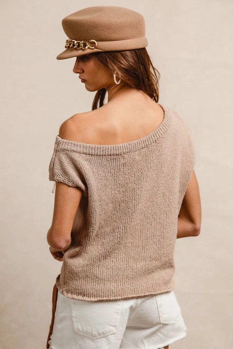 Latte one-shoulder knit top with off-shoulder back and ribbed neckline
