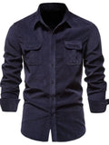Men's indigo button-down collared shirt with two flap chest pockets and long sleeves