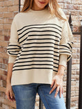 Tan long-sleeve sweatshirt with round neck and black-and-white horizontal stripes