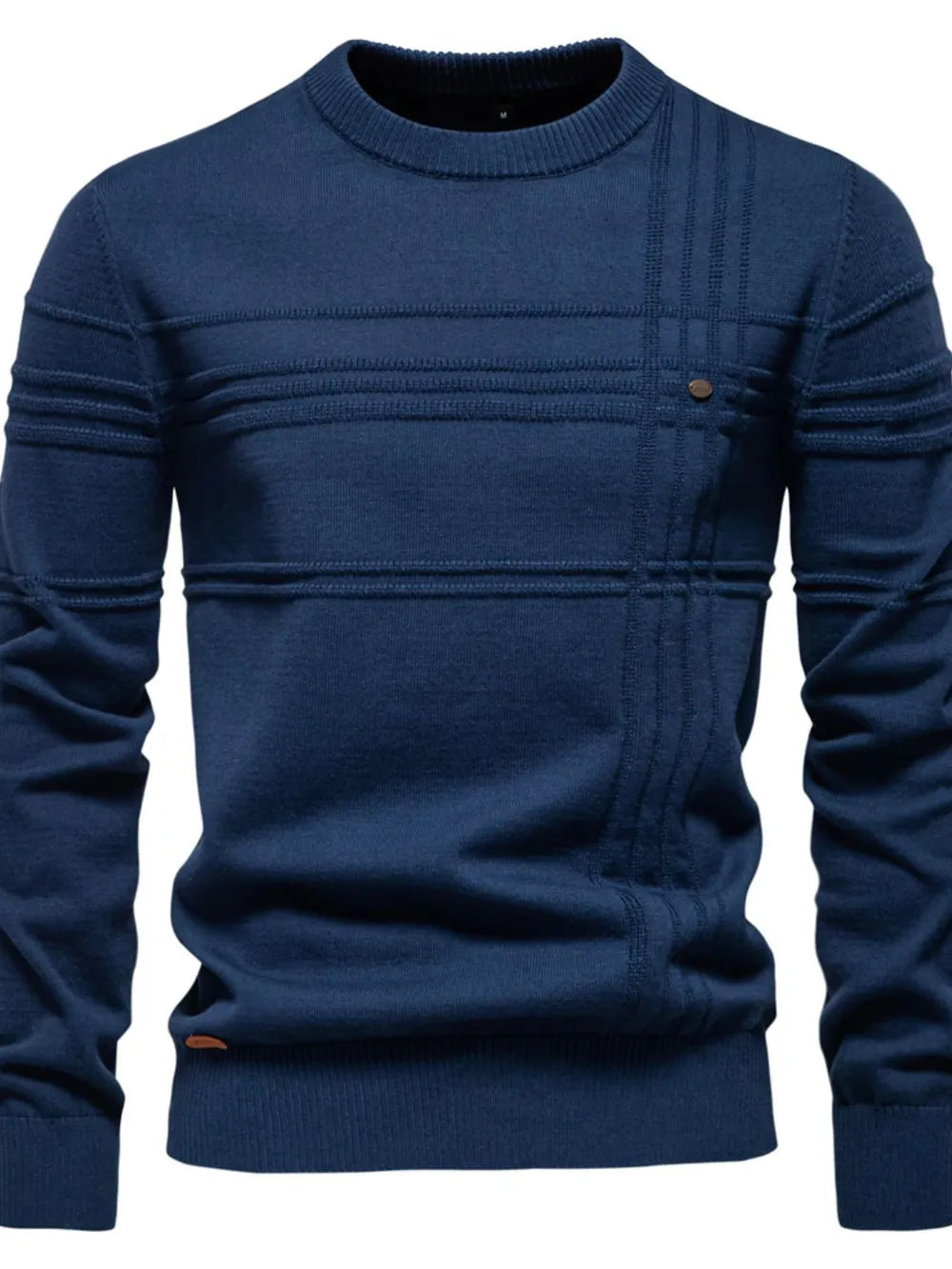 Dark green men’s round-neck striped knit sweater with ribbed cuffs and button detail
