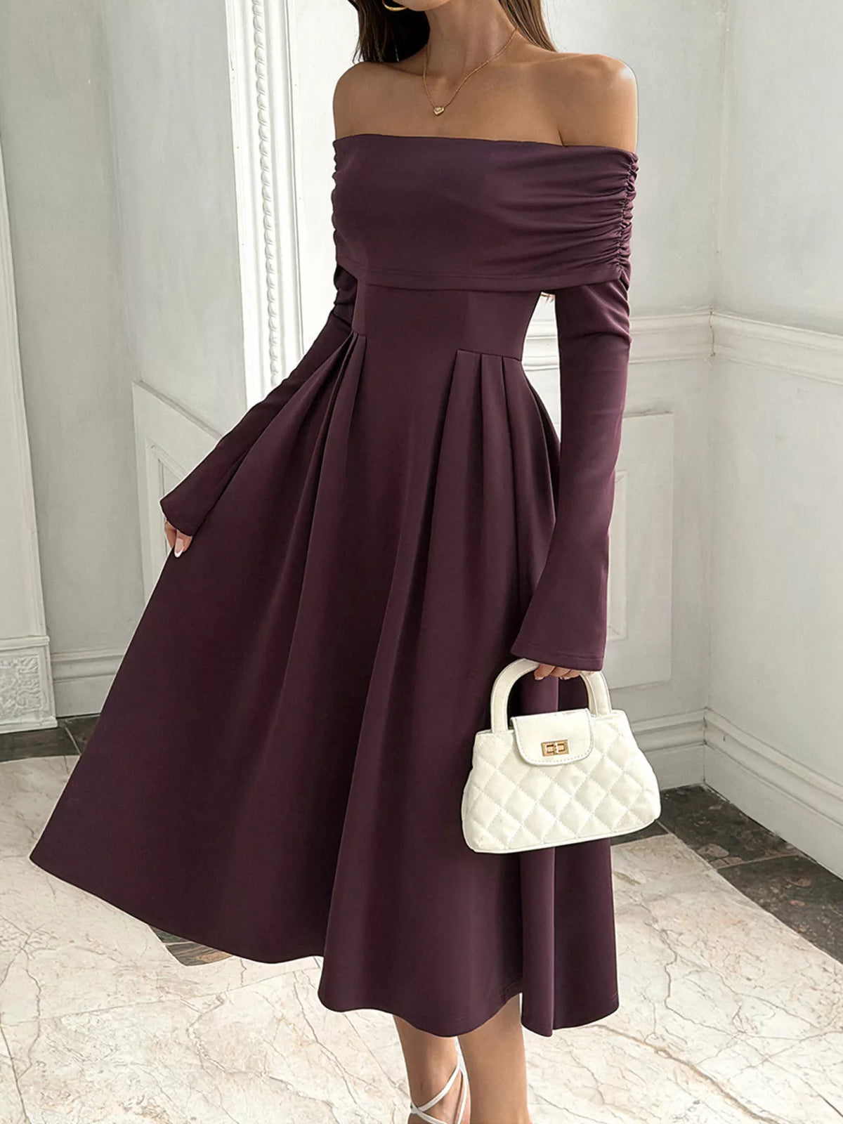 Burgundy off-shoulder midi dress with long sleeves and gathered, pleated A-line skirt