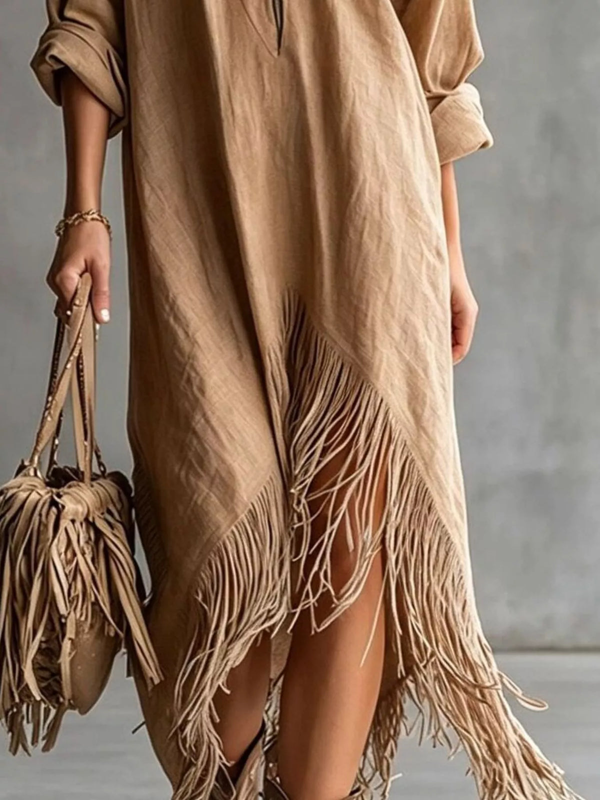 Camel brown midi dress with fringe hem and layered side tassel details