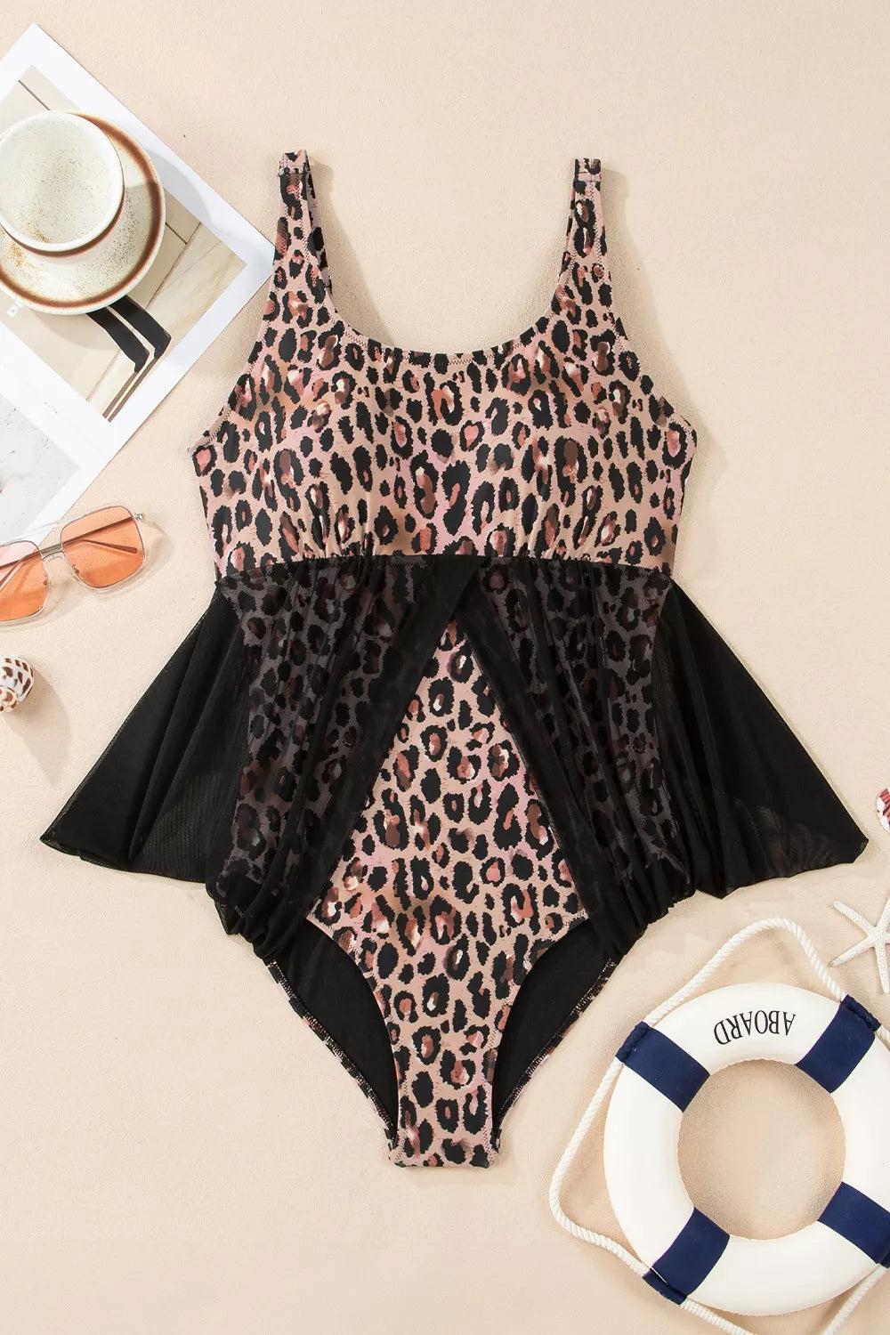 Leopard-print mesh V-neck half-sleeve bodycon swimsuit with black ruffle peplum