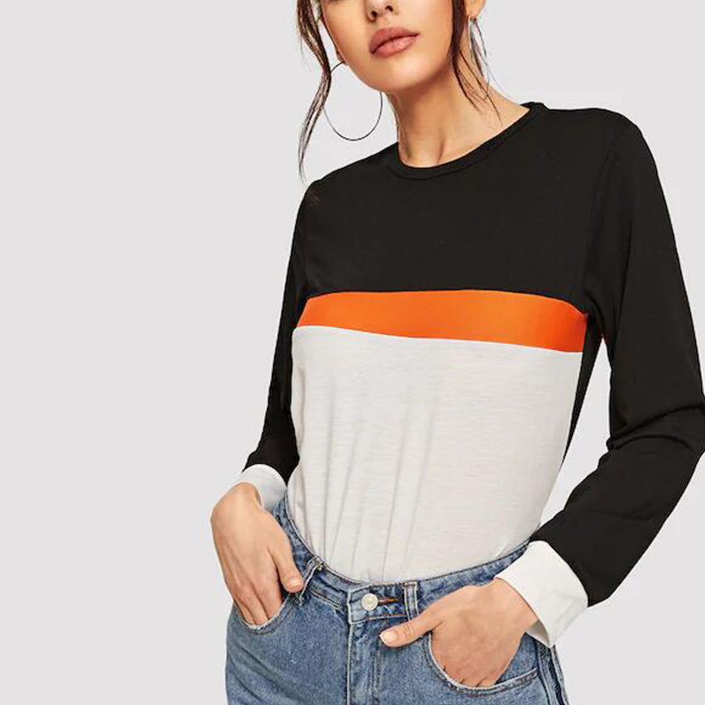 Cedar & Moore Shiny Color Block Round Neck Long Sleeve Tee in black/orange/white by Trendsi