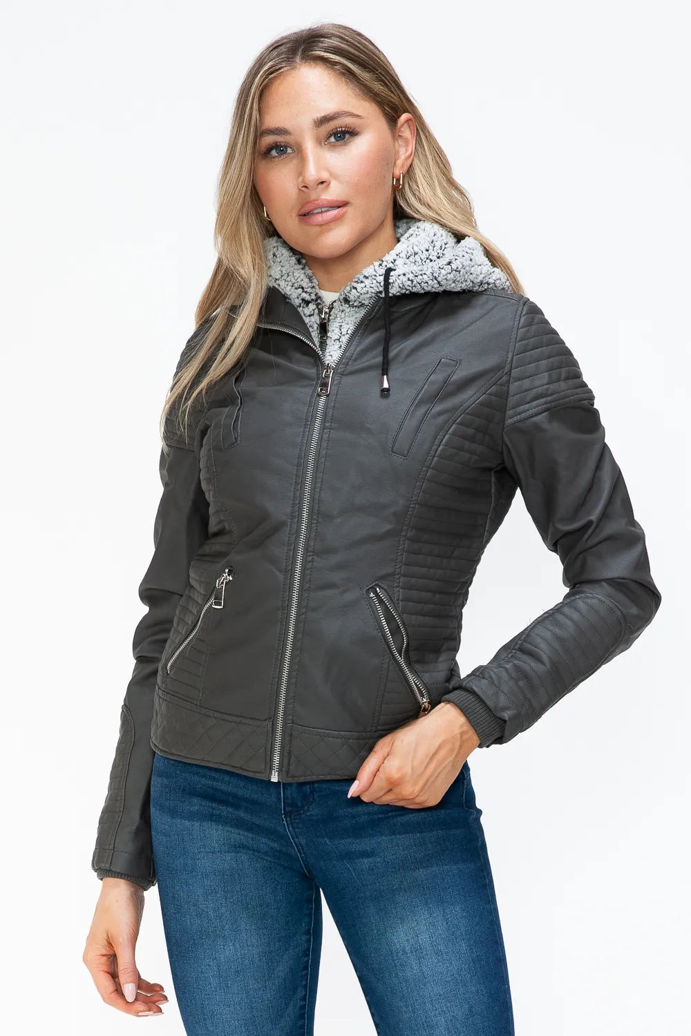 Charcoal zip jacket with fuzzy hood lining and zip pockets, front view.
