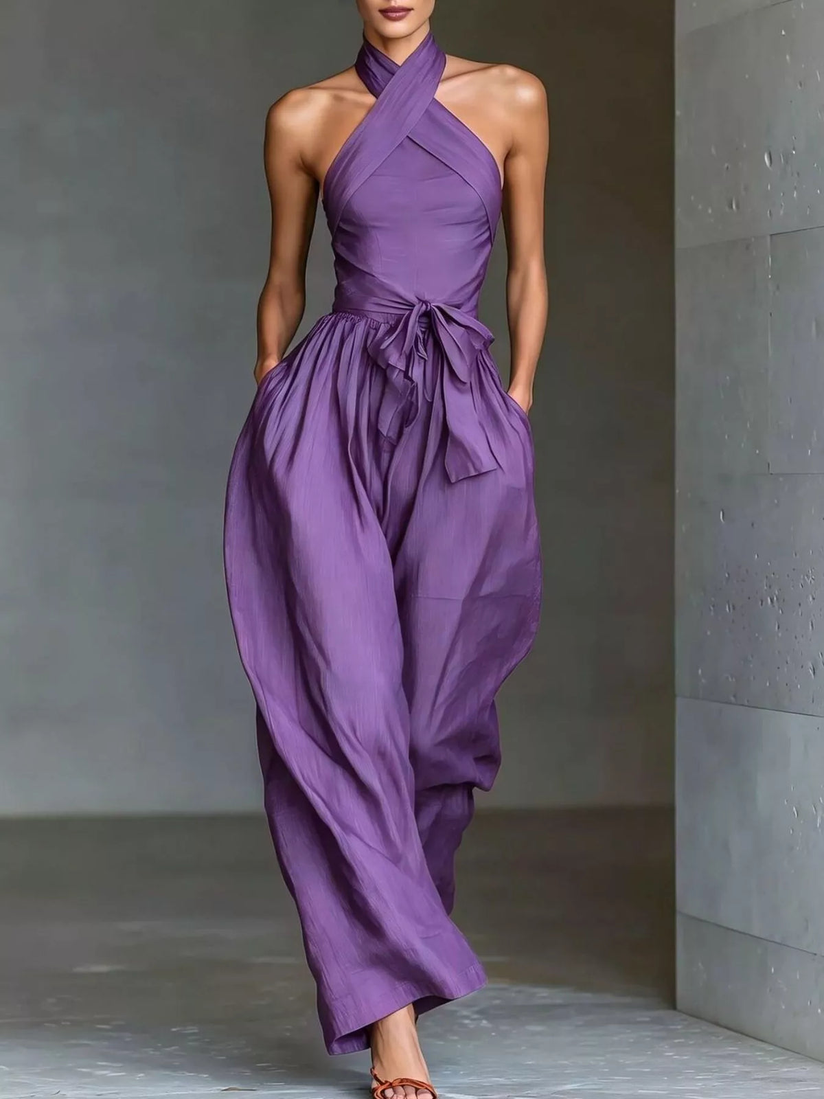 Purple halter-neck wide-leg jumpsuit with waist tie and gathered skirt.