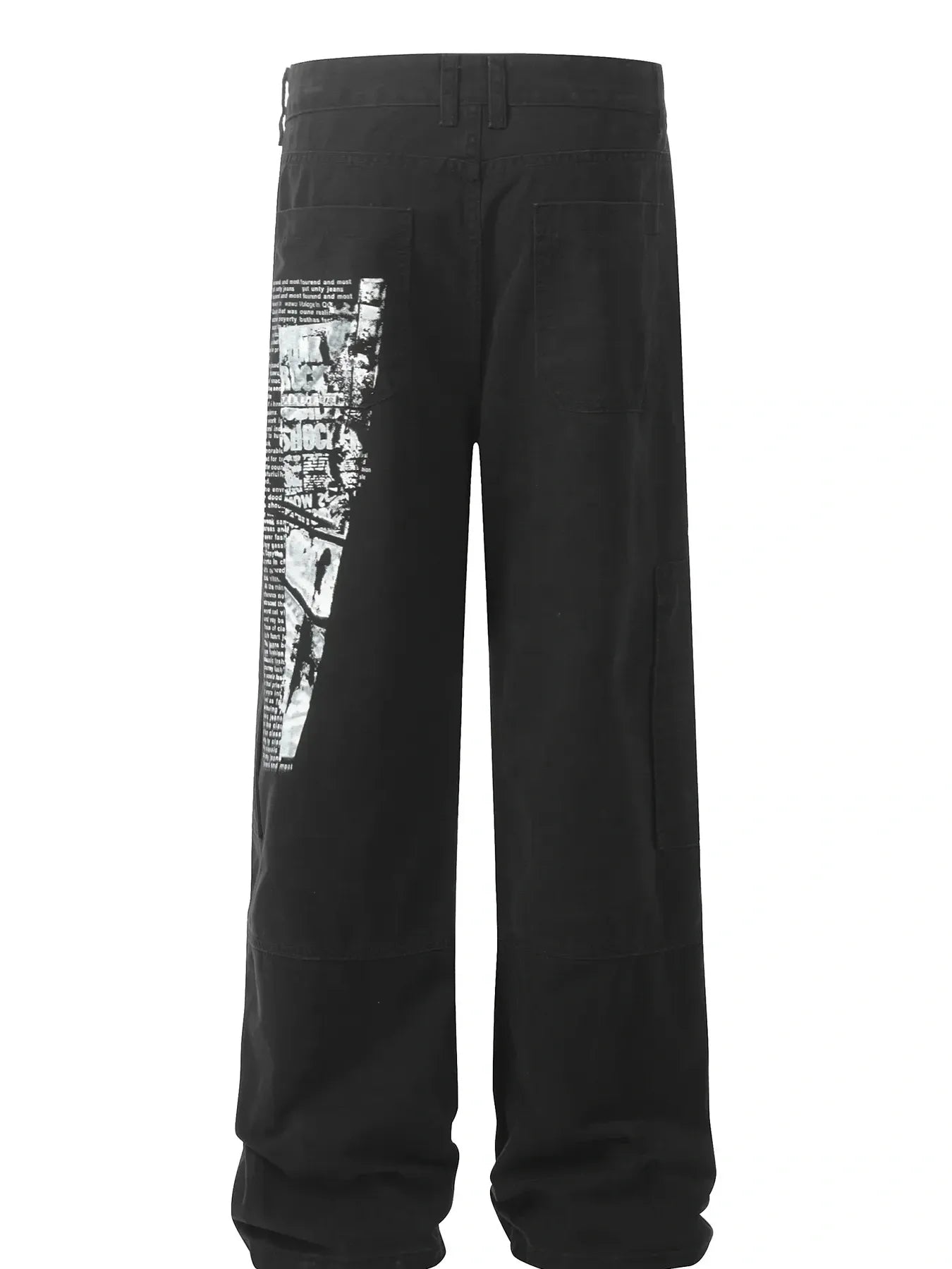 Men's printed cargo pants in black, white graphic print on one leg, cargo pockets