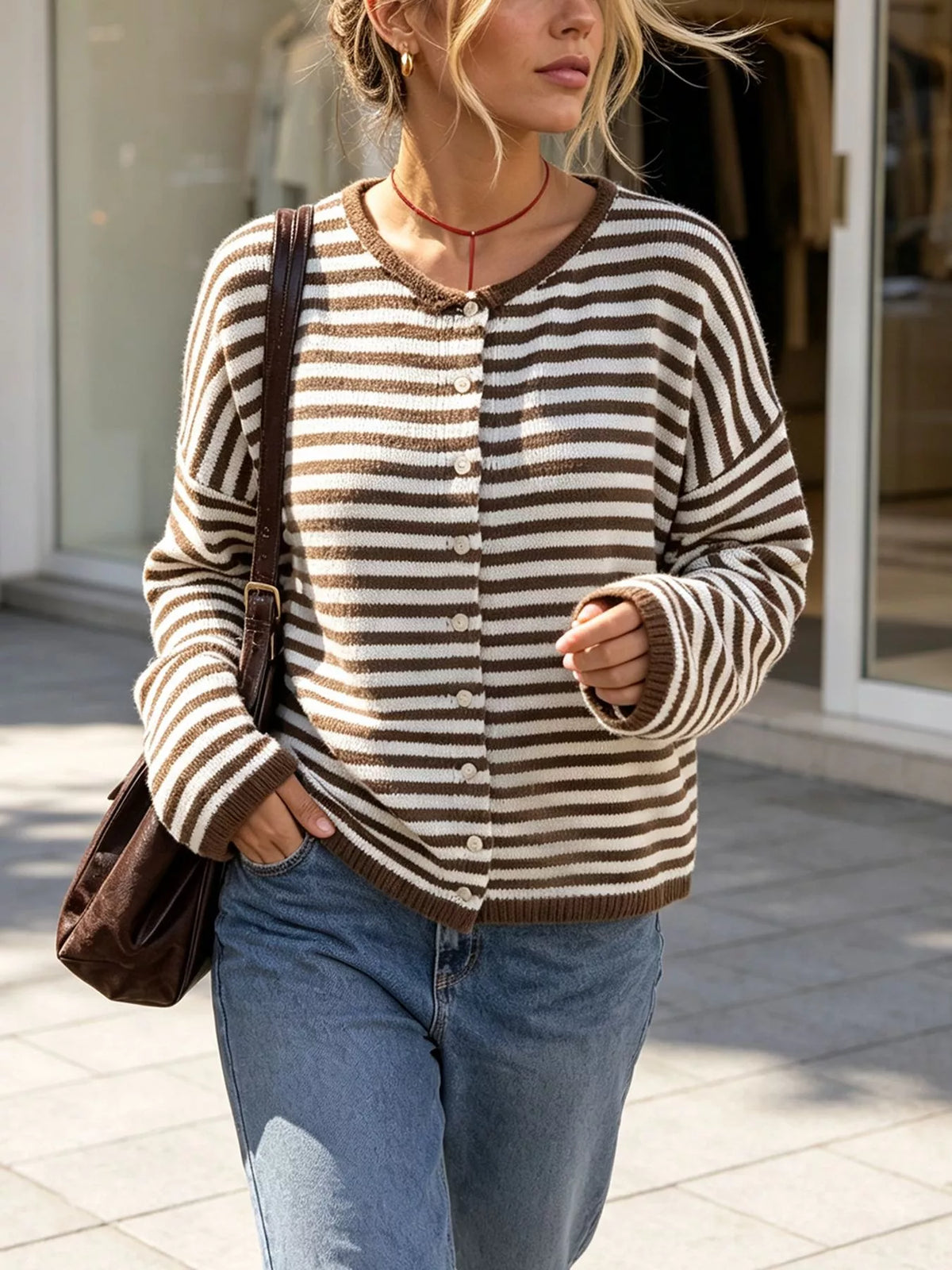 Women’s black-and-cream striped knit button cardigan with long sleeves