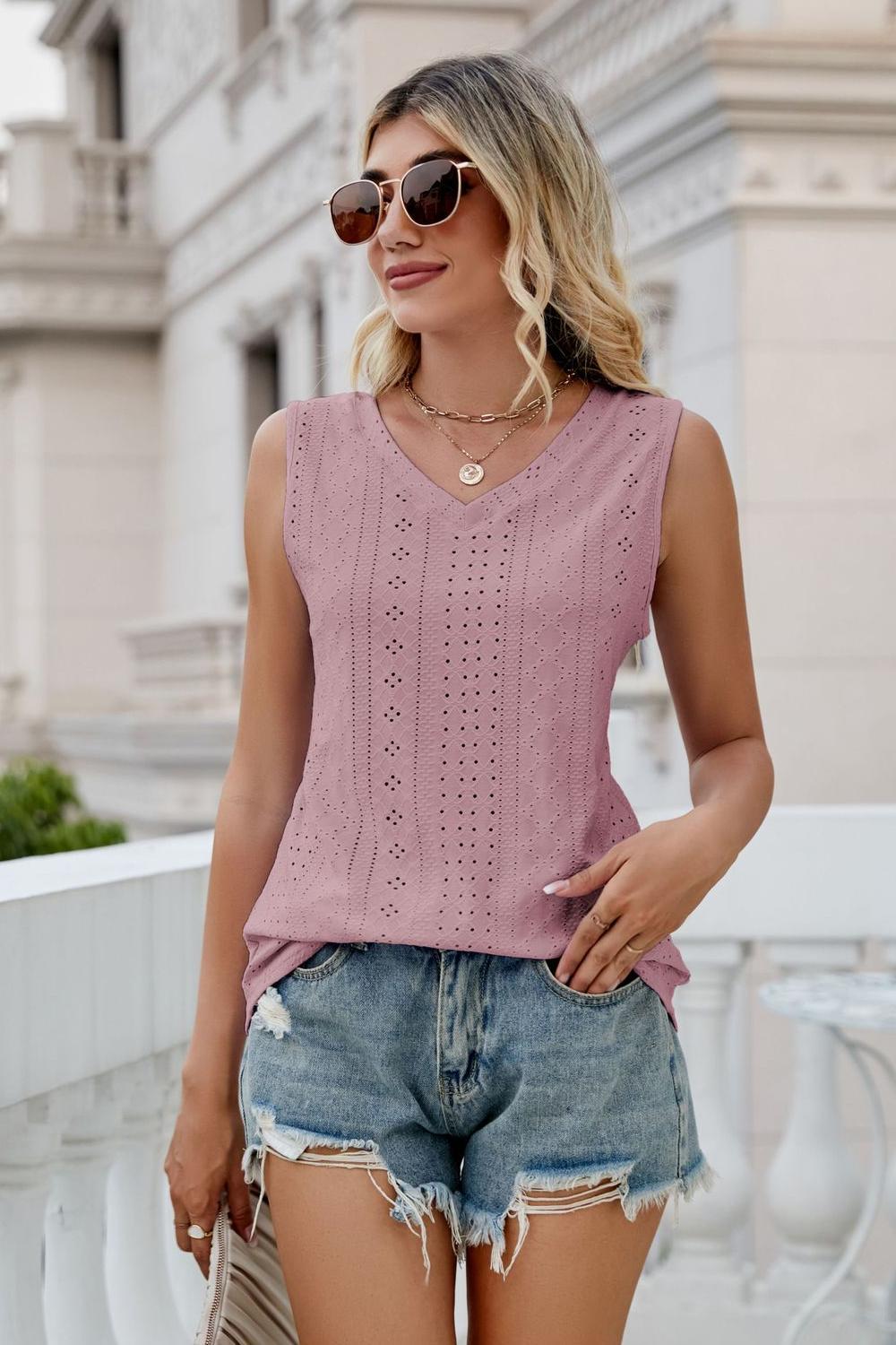 Dusty pink eyelet V-neck tank with sleeveless lace cutout pattern
