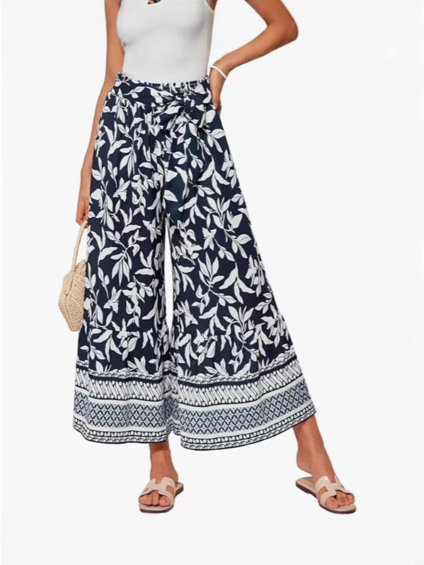 Tie-waist wide-leg leaf printed pants, navy blue with white botanical pattern