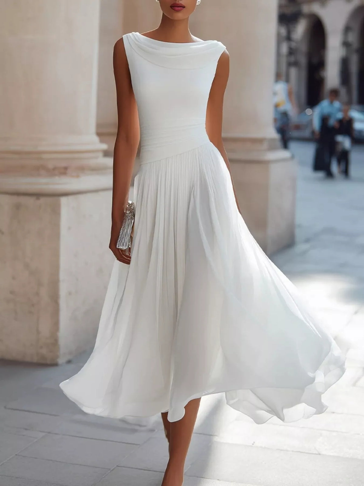 White stretchy sleeveless cowl neck midi dress with gathered pleated skirt
