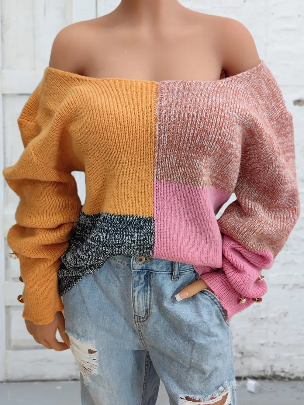 Color-block long sleeve sweater, wide neckline, mustard/mauve/pink/charcoal knit panels