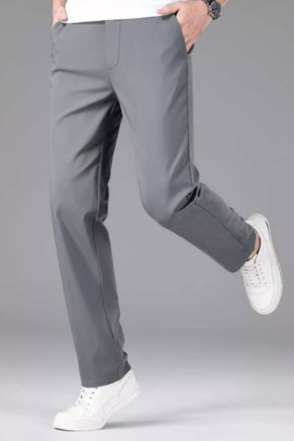 Gray straight-leg casual pants with stretch waist and front pockets
