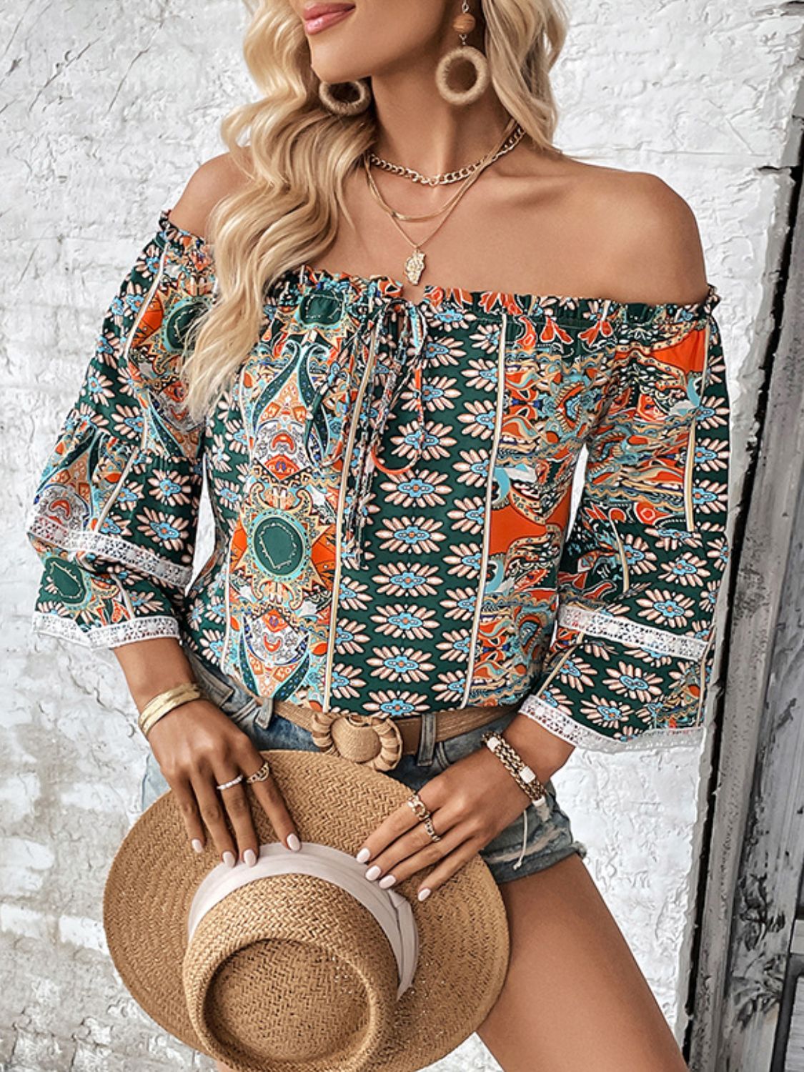 Multicolor printed off-shoulder blouse with frill neckline trim and wide sleeves