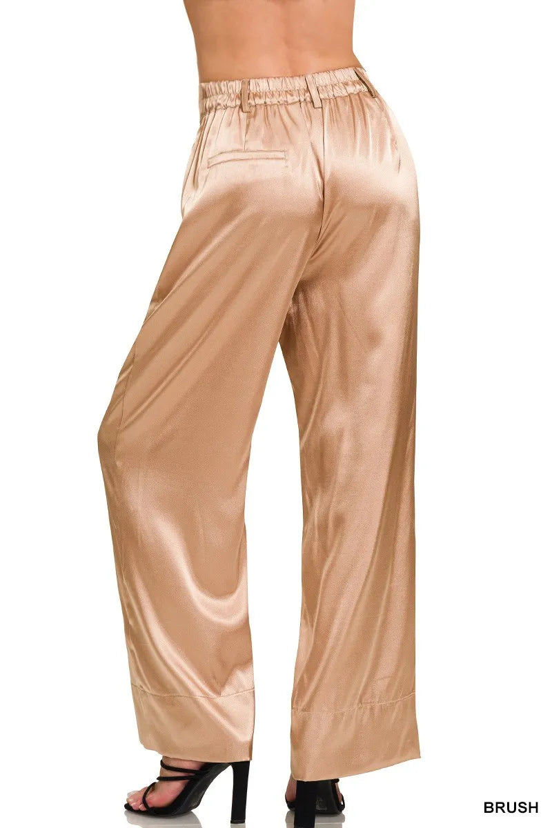 Satin wide-leg pants with elastic waist, back patch pockets, and wide legs