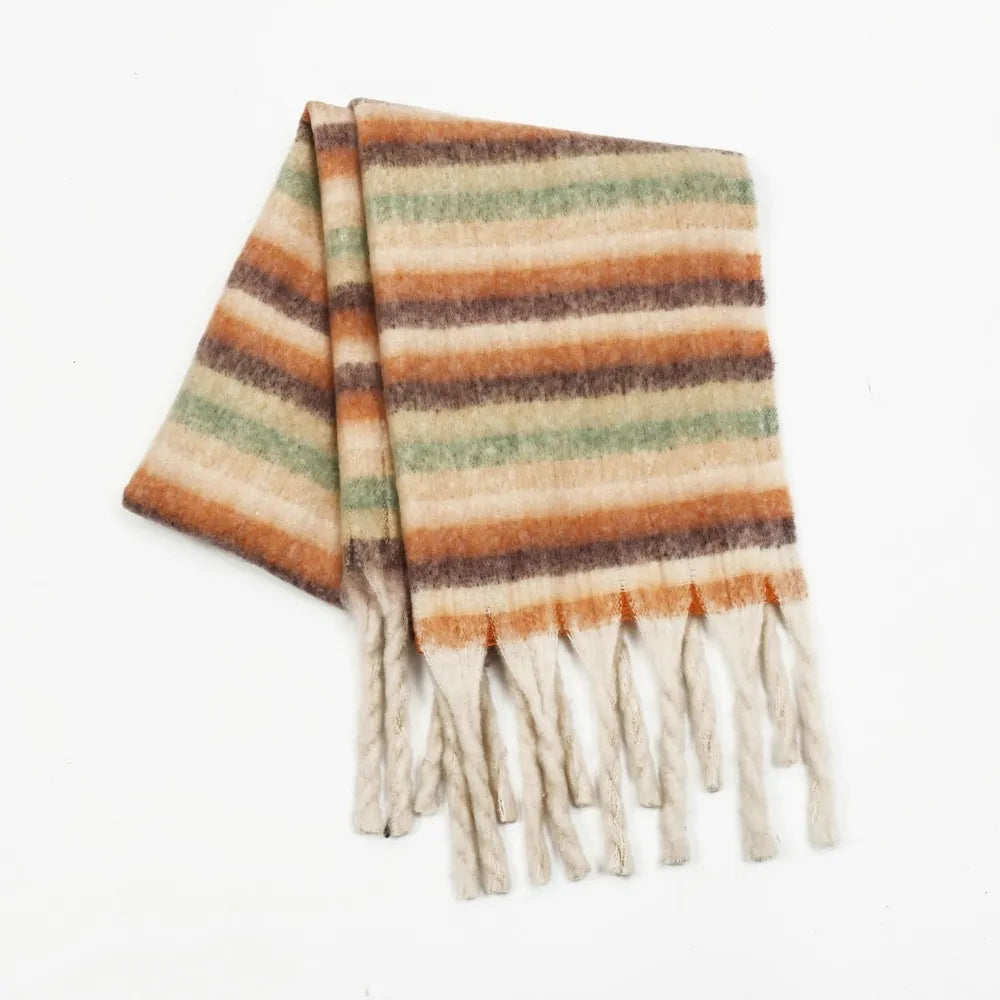 Fringe striped polyester scarf in cream, tan, and muted green stripes, long tassels.