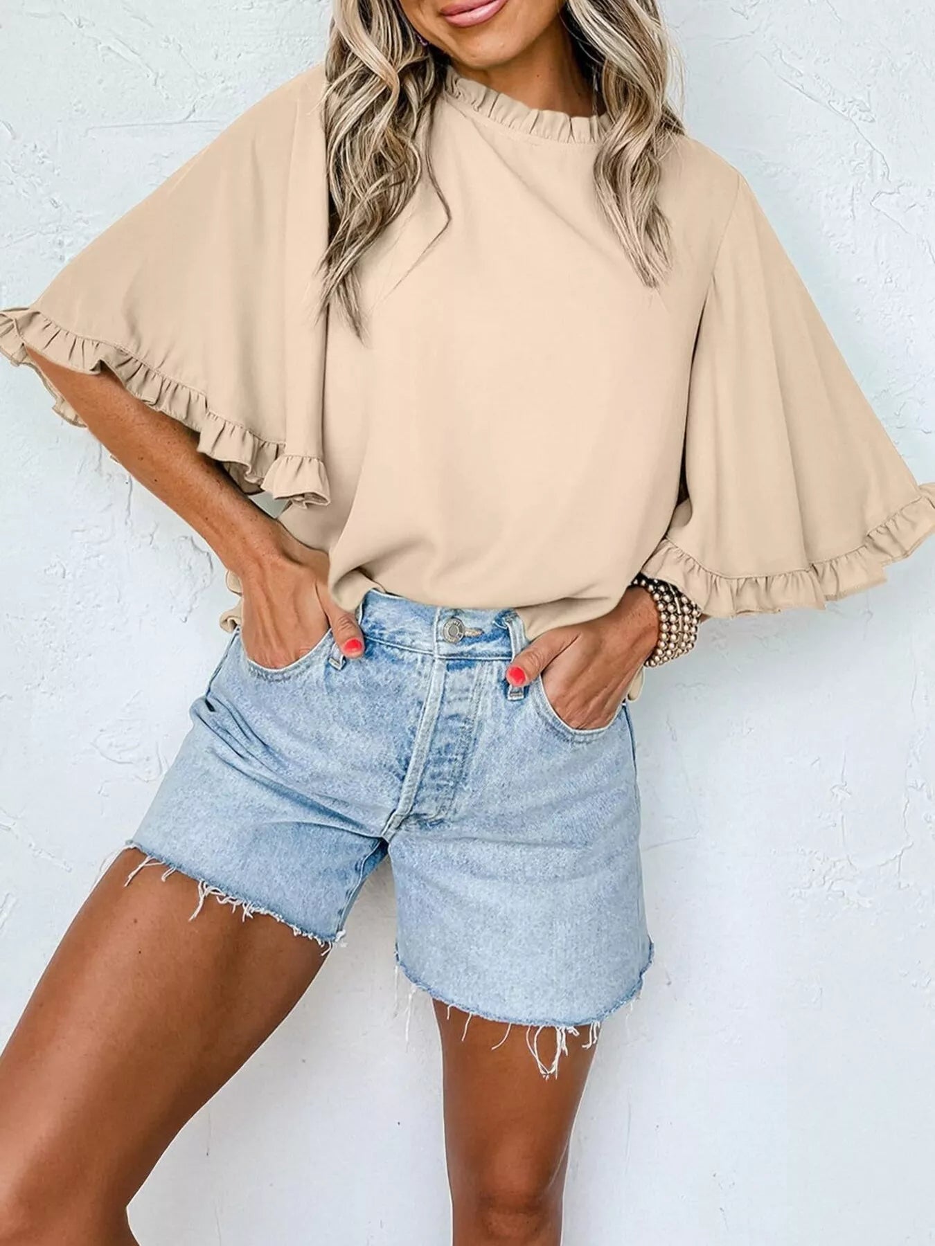 Ruffle Trim Half Sleeve Blouse in beige with flutter sleeves